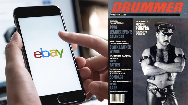 手机屏幕上的 eBay 标志和 Drummer 杂志的封面